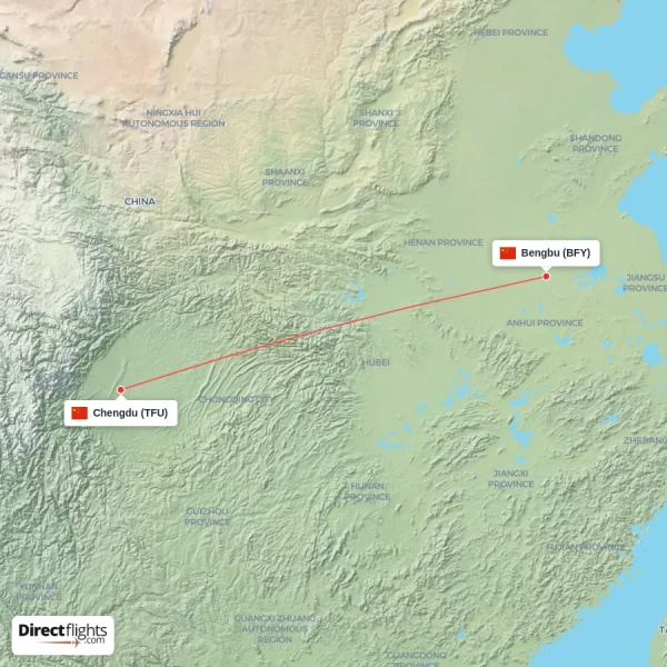 Bengbu - Chengdu direct flight map