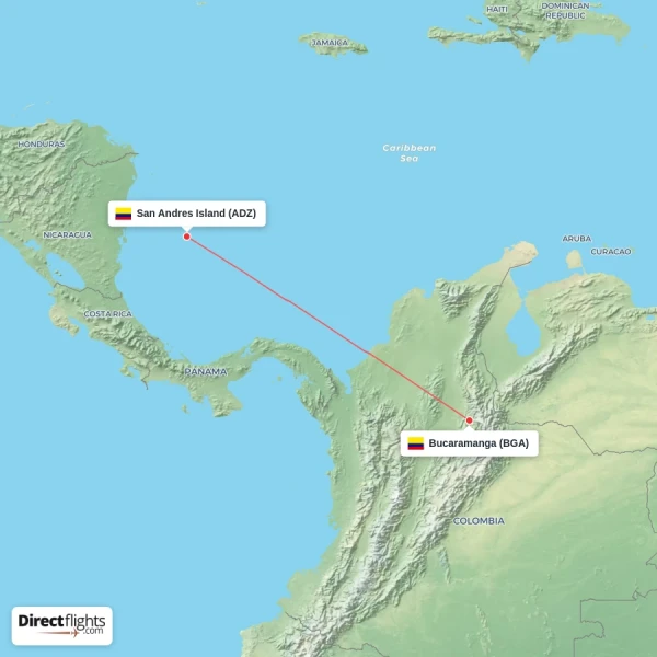 Bucaramanga - San Andres Island direct flight map