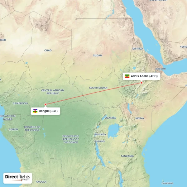 Bangui - Addis Ababa direct flight map