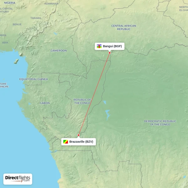 Bangui - Brazzaville direct flight map