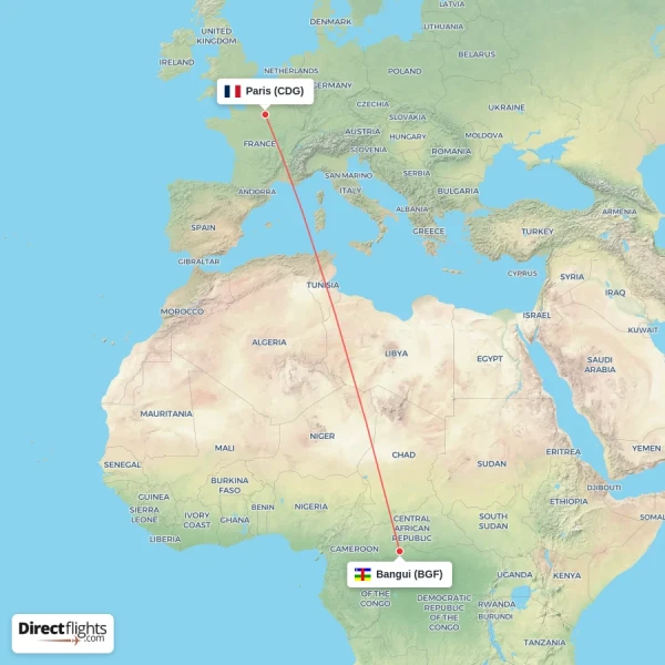 Bangui - Paris direct flight map