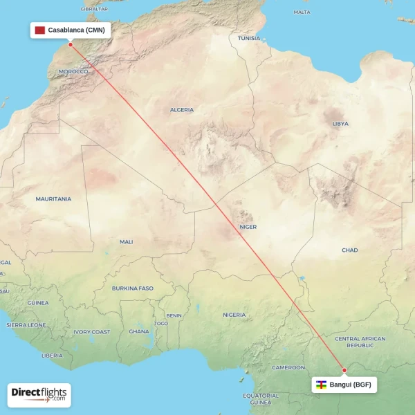 Bangui - Casablanca direct flight map