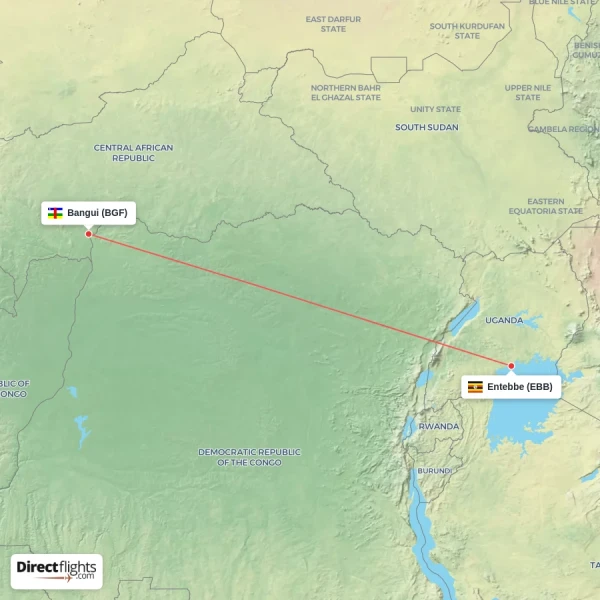 Bangui - Entebbe direct flight map