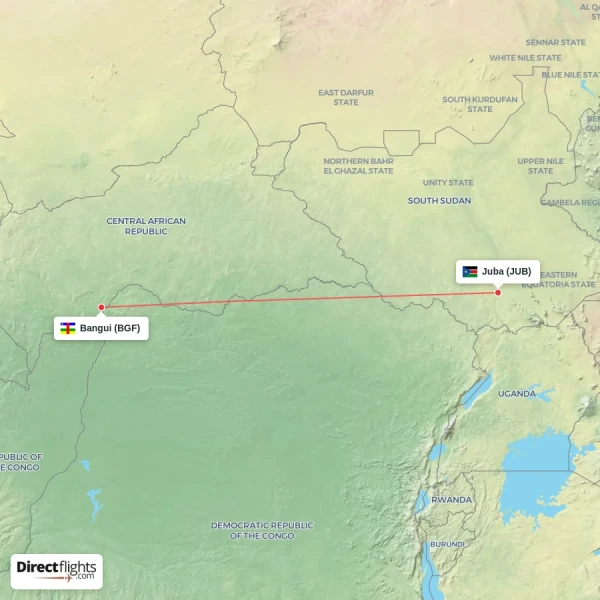 Bangui - Juba direct flight map