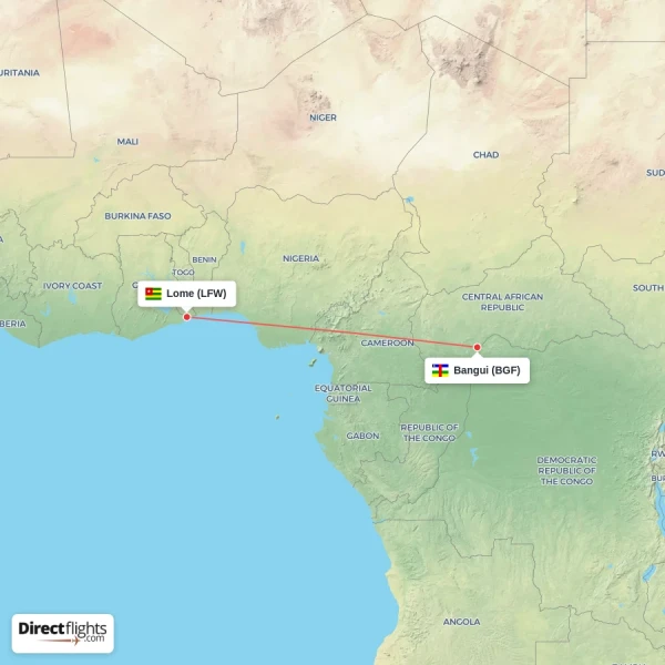 Bangui - Lome direct flight map