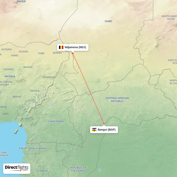 Bangui - Ndjamena direct flight map