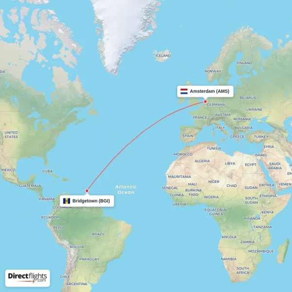Bridgetown - Amsterdam direct flight map