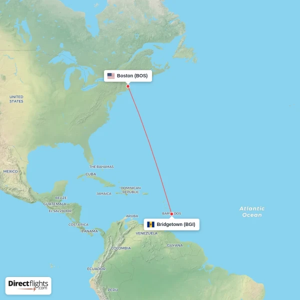 Bridgetown - Boston direct flight map
