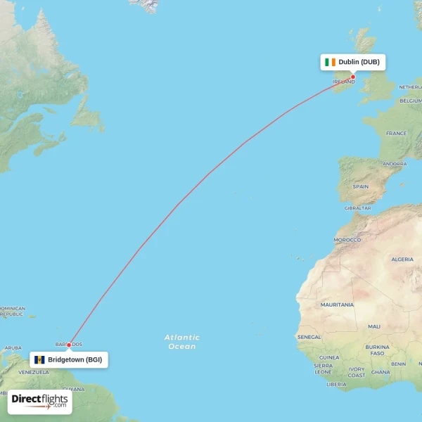 Bridgetown - Dublin direct flight map