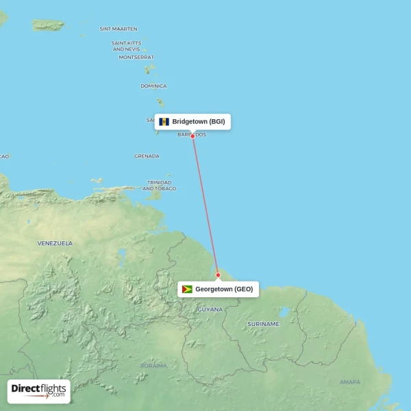 Bridgetown - Georgetown direct flight map