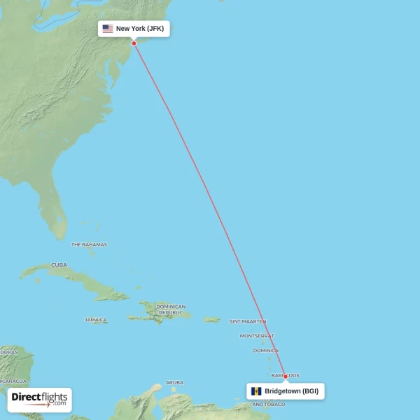 Bridgetown - New York direct flight map