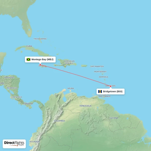 Bridgetown - Montego Bay direct flight map