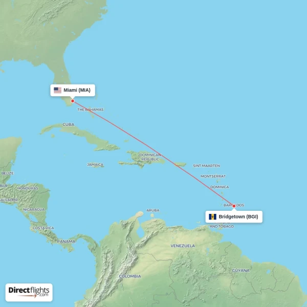 Bridgetown - Miami direct flight map
