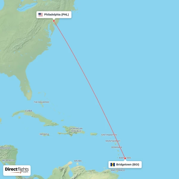 Bridgetown - Philadelphia direct flight map