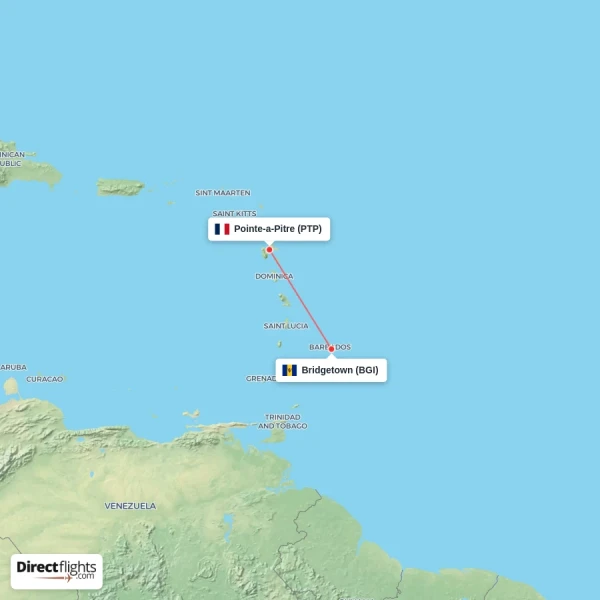 Bridgetown - Pointe-a-Pitre direct flight map