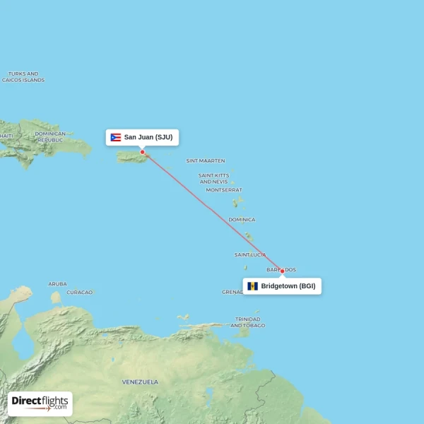 Bridgetown - San Juan direct flight map
