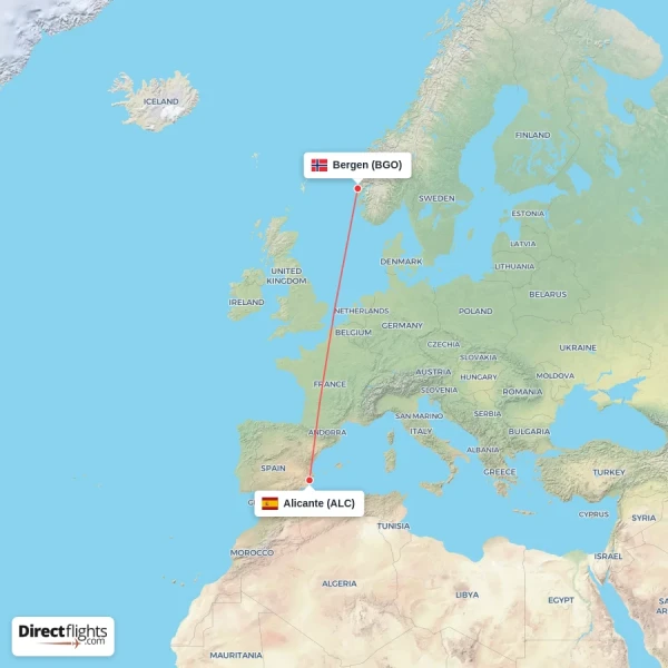 Bergen - Alicante direct flight map