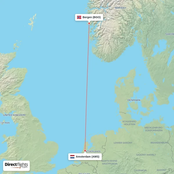 Bergen - Amsterdam direct flight map