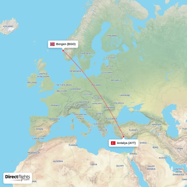 Bergen - Antalya direct flight map