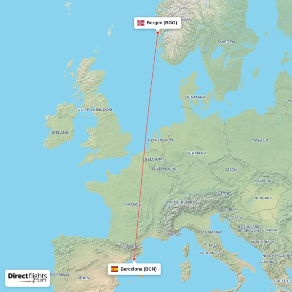 Bergen - Barcelona direct flight map