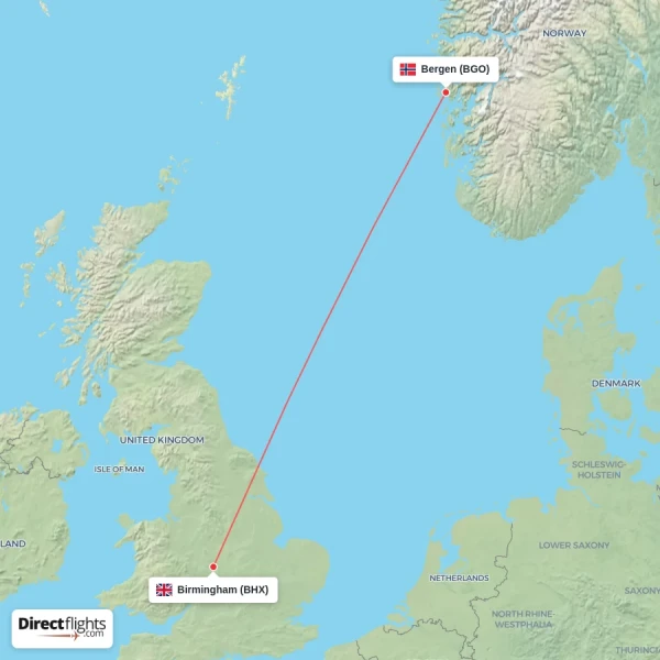 Bergen - Birmingham direct flight map