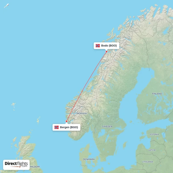 Bergen - Bodo direct flight map