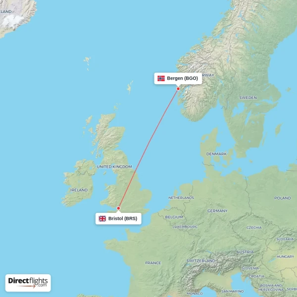 Bergen - Bristol direct flight map
