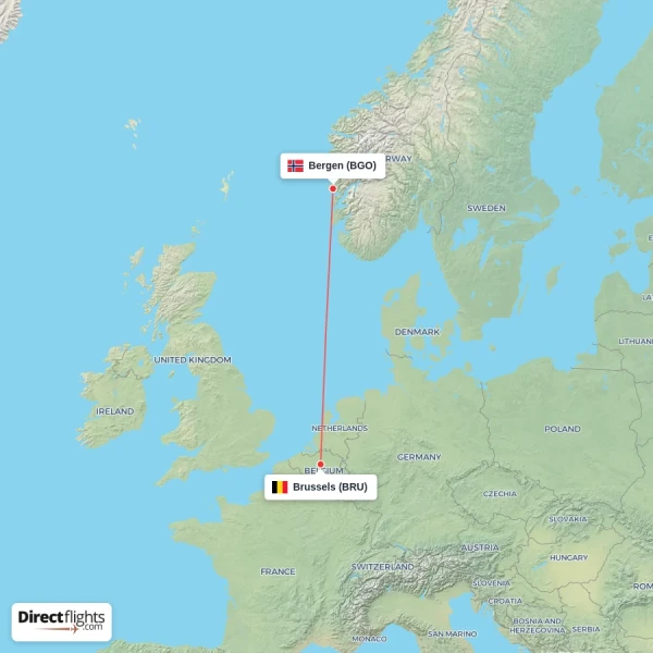 Bergen - Brussels direct flight map