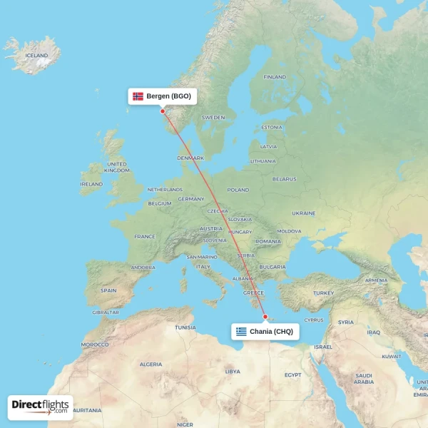 Bergen - Chania direct flight map