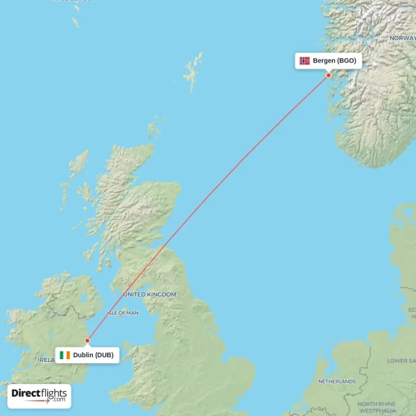Bergen - Dublin direct flight map