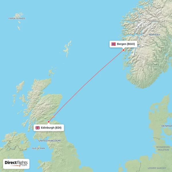 Bergen - Edinburgh direct flight map