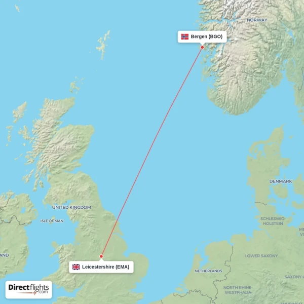Bergen - Leicestershire direct flight map