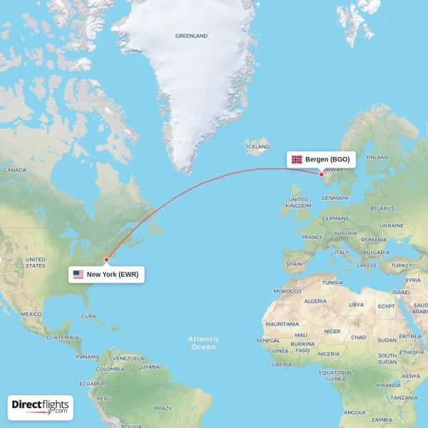 Bergen - New York direct flight map