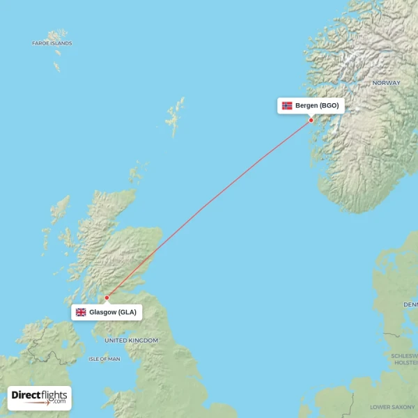 Bergen - Glasgow direct flight map