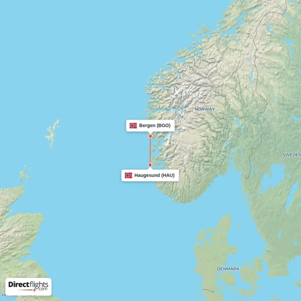 Bergen - Haugesund direct flight map