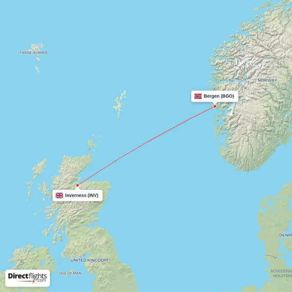 Bergen - Inverness direct flight map