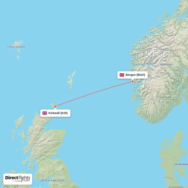 Bergen - Kirkwall direct flight map