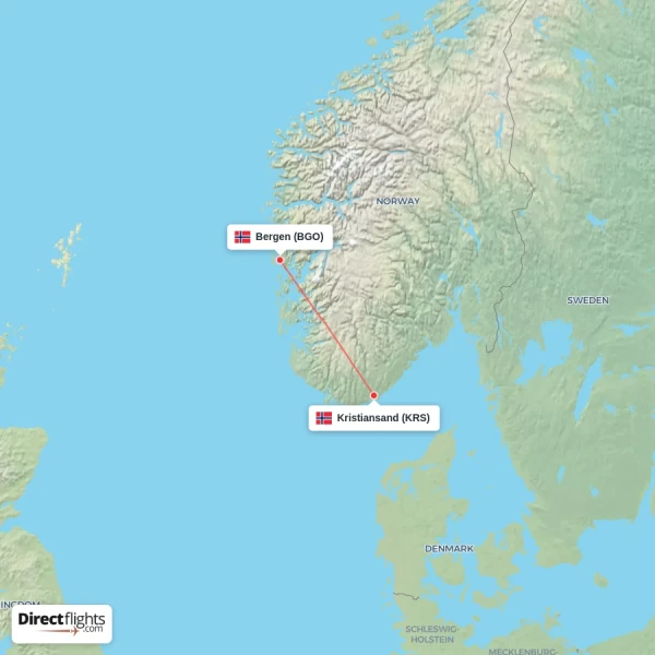 Bergen - Kristiansand direct flight map