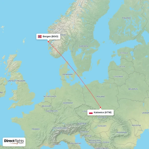 Bergen - Katowice direct flight map
