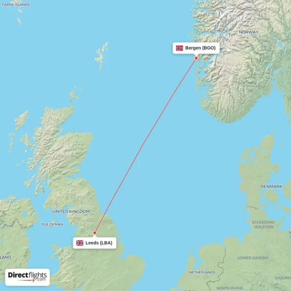 Bergen - Leeds direct flight map