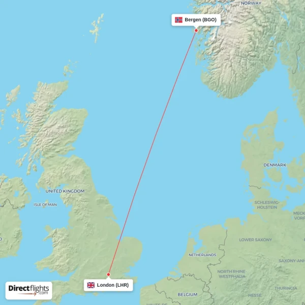 Bergen - London direct flight map