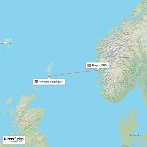 Bergen - Shetland Islands direct flight map