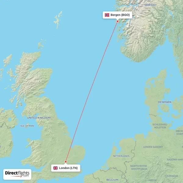 Bergen - London direct flight map