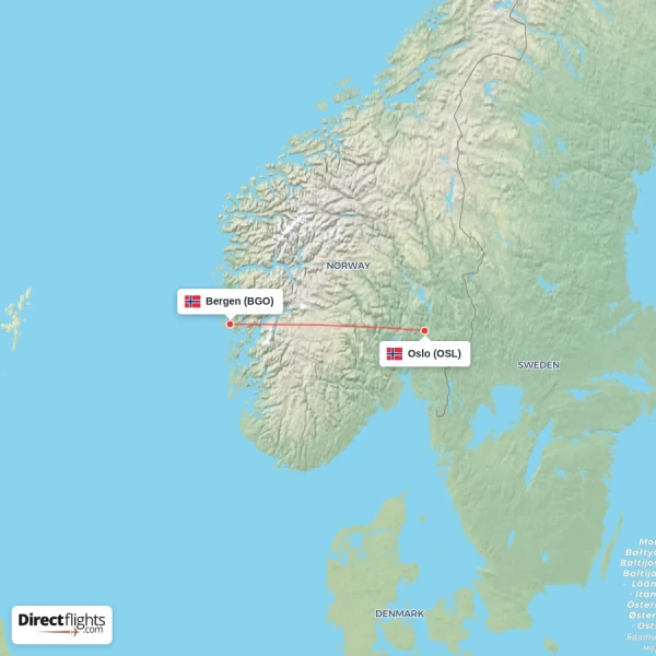 Bergen - Oslo direct flight map