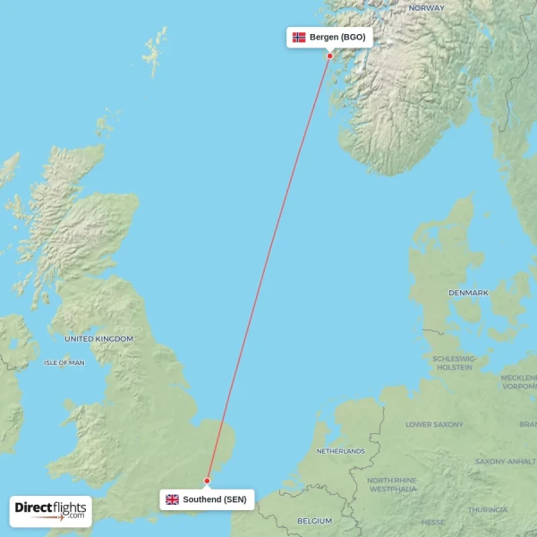 Bergen - Southend direct flight map