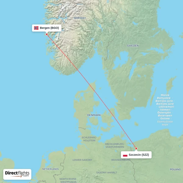 Bergen - Szczecin direct flight map