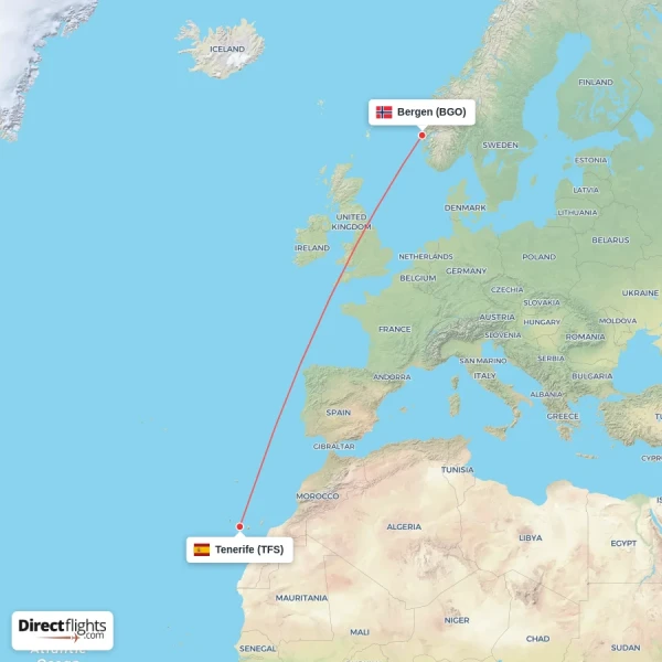 Bergen - Tenerife direct flight map