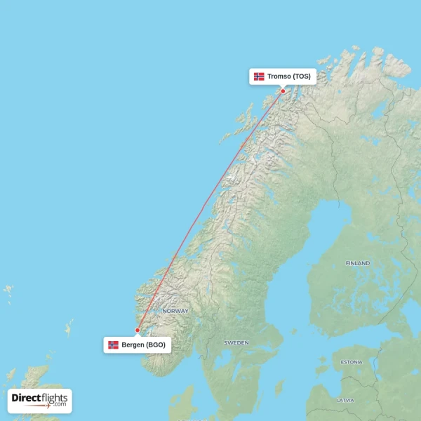 Bergen - Tromso direct flight map