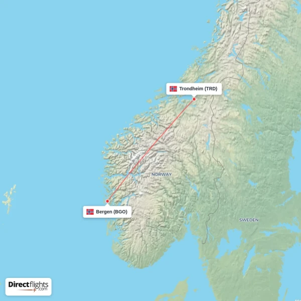 Bergen - Trondheim direct flight map