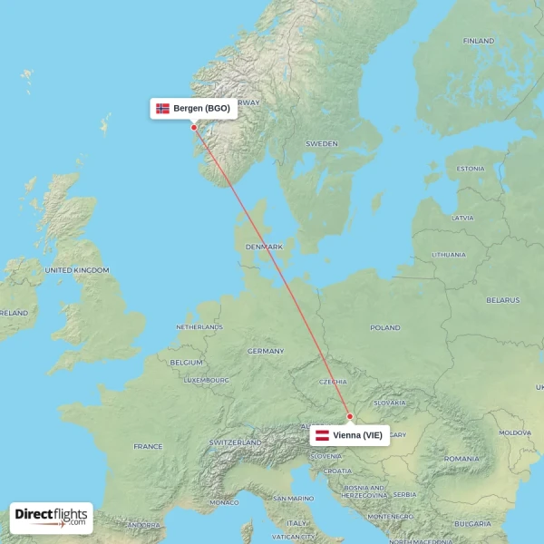 Bergen - Vienna direct flight map